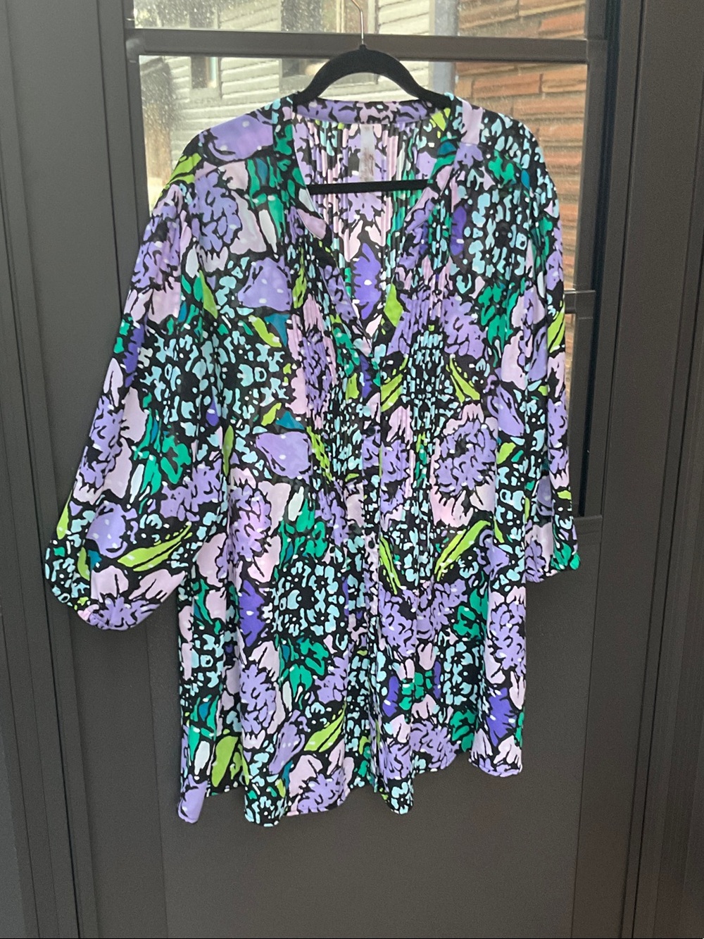 Melissa McCarthy Abstract Floral V-Neck Top in Lavender, Green & Black
